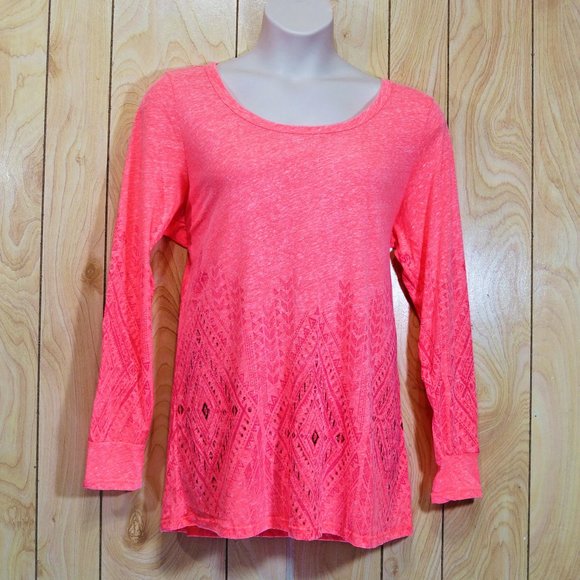 Maurices Fluorescent Peach Long Sleeve Tribal Tee - Picture 1 of 9